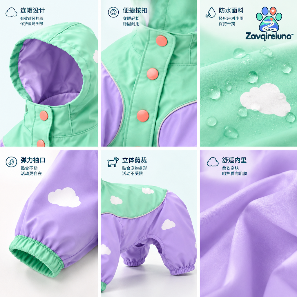 PuddlePop Cloud Dog Raincoat — detail view